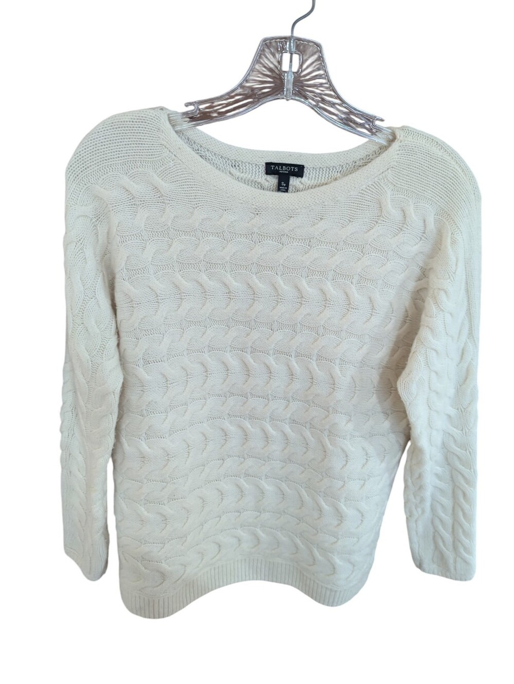 Talbots Sweater Cream Ivory Merino Wool Cashmere Blend Cable Knit Sm-Petite *EUC